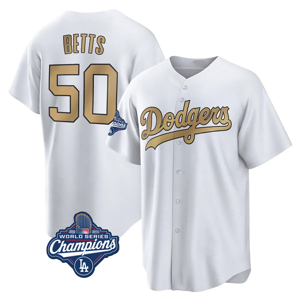 LA.Dodgers #50 Mookie Betts Player Gold World Series Meet Collection Limited Home Ddoa Stitched Jerseys