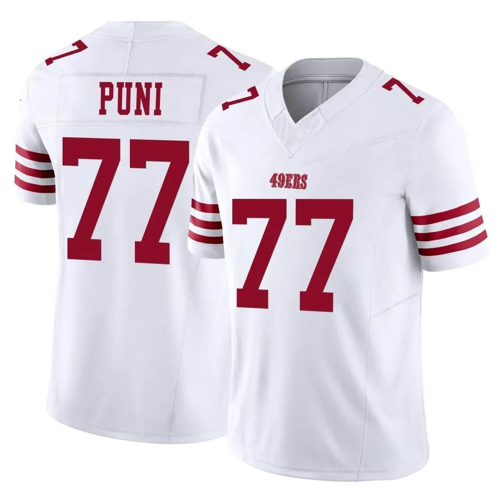 SF.49ers #77 Dominick Puni Player White Limited Vapor F.U.S.E. Home Game Ddoa Stitched Jerseys