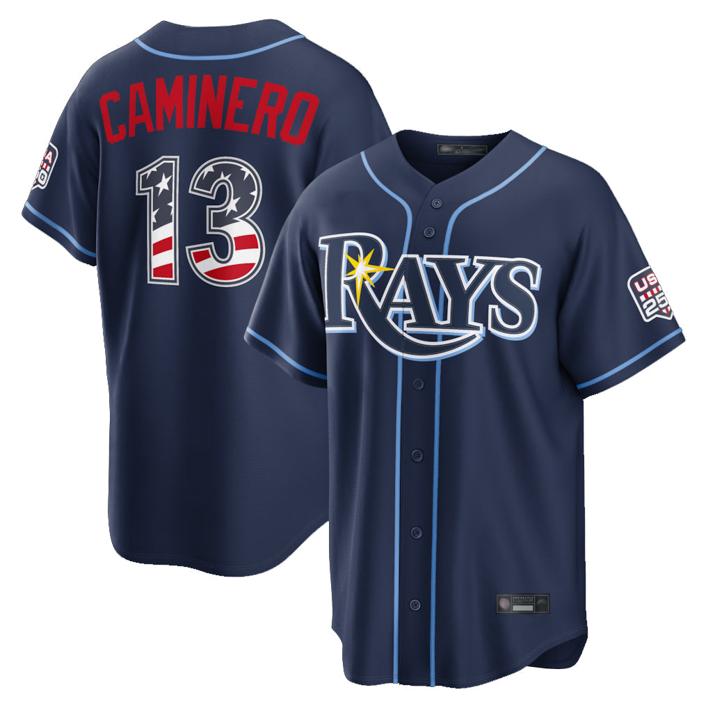 T.Bay Rays #13 Junior Caminero Player Navy USA 250 Fourth of July Limited Home Game Ddoa250Ys Stitched Jerseys