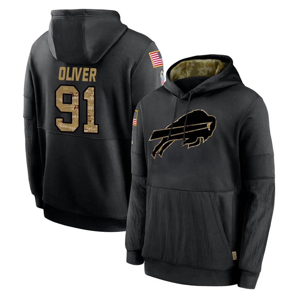B.Bills #91 Ed Oliver Player Black Salute to Service Hoodies Ddoa Stitched Jersey
