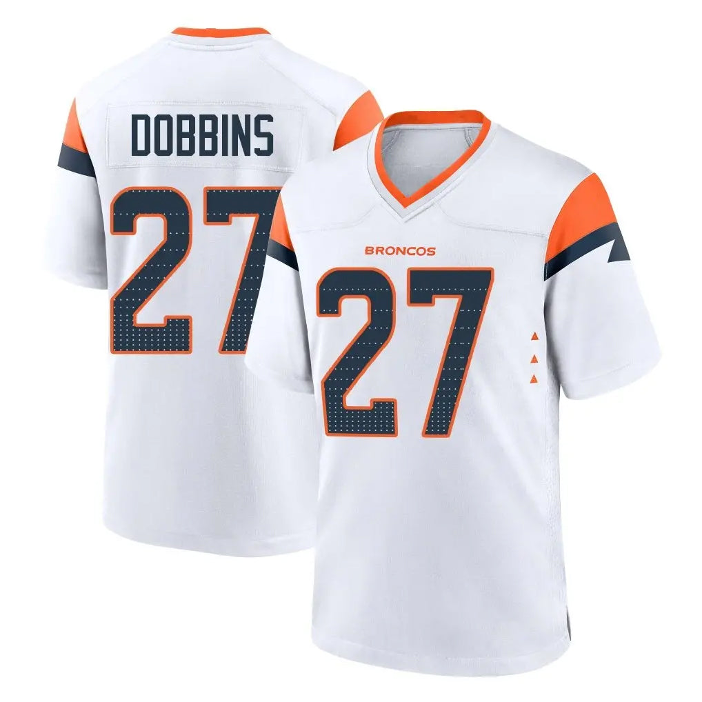 D.Broncos #27 J.K. Dobbins Player White Home Game Ddoa Stitched Jerseys