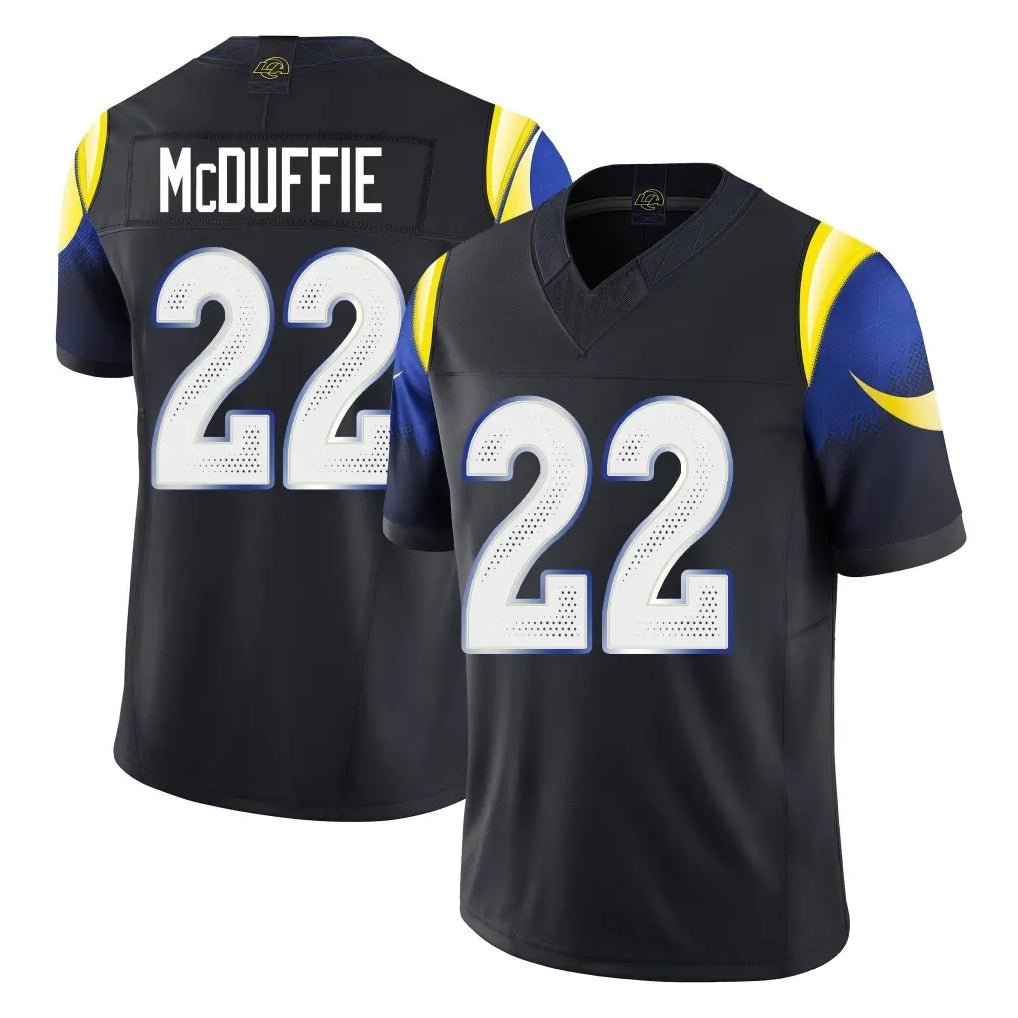 LA.Rams #22 Trent McDuffie Player Black Midnight Rivalries Collection Limited Home Game Ddoa Stitched Jerseys