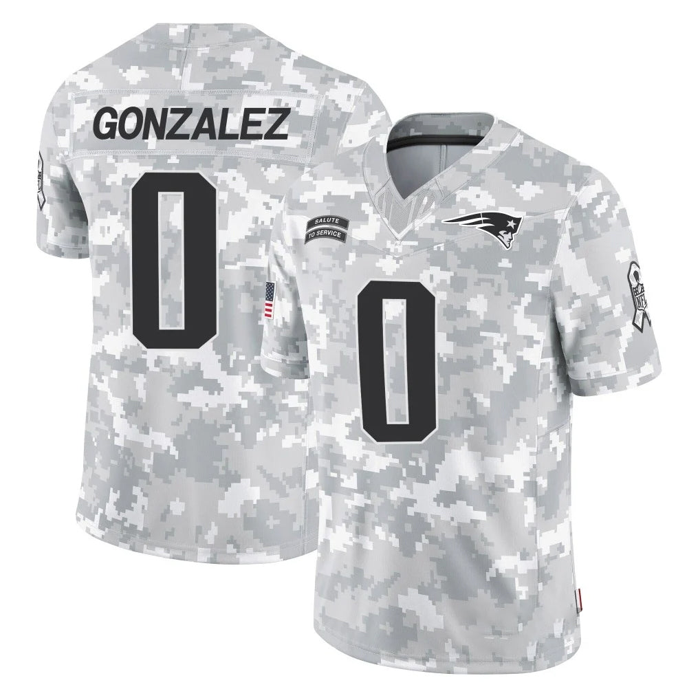 NE.Patriots #0 Christian Gonzalez Player Arctic Camo Salute To Service Limited Game Ddoa Stitched Jerseys