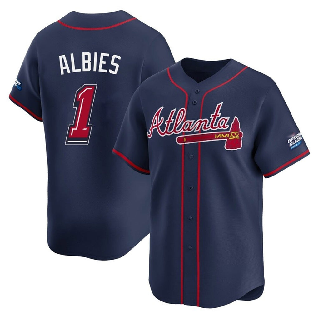 A.Braves #1 Ozzie Albies Player Navy 2025 Speedway Classic Home Game Ddoa Stitched Jerseys