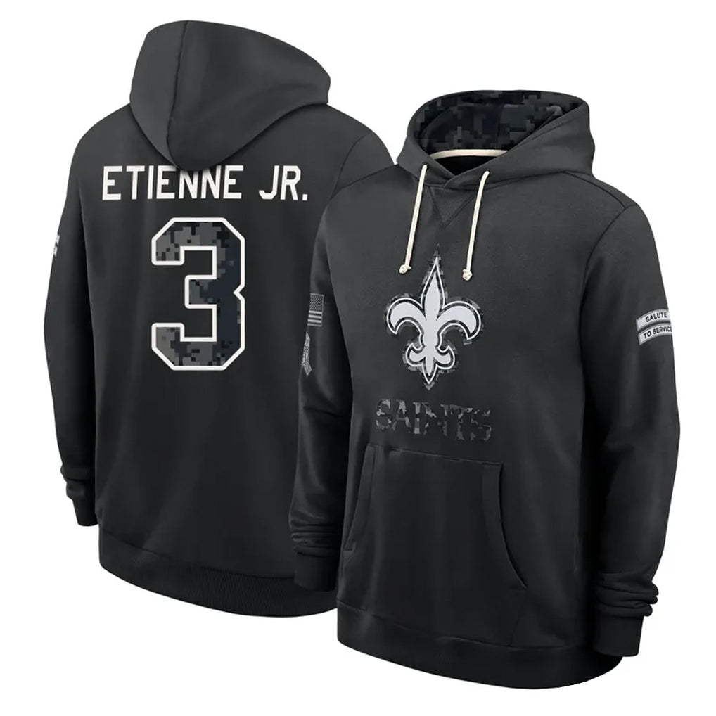 NO.Saints #3 Travis Etienne Jr. Player 2026 Black Logo Pullover Hoodies Limited Game Ddoa Stitched Jerseys