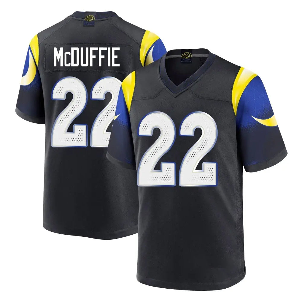 LA.Rams #22 Trent McDuffie Player Black Midnight Rivalries Collection Home Game Ddoa Stitched Jerseys
