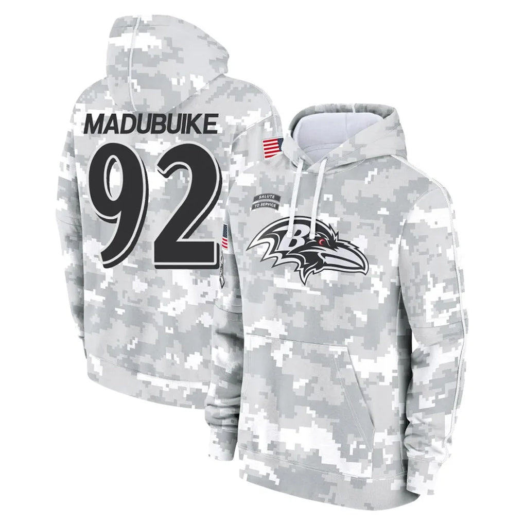 B.Ravens #92 Nnamdi Madubuike Player Arctic Camo Salute to Service Pullover Hoodie Ddoa Stitched Jerseys