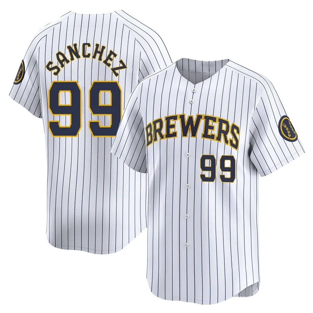 M.Brewers #99 Gary Sanchez Player White Stripes Home Game Ddoa Stitched Jerseys
