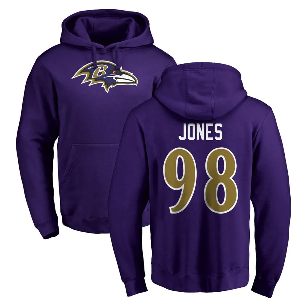 B.Ravens #98 Travis Jones Player Purple Salute to Service Pullover Hoodie Ddoa Stitched Jerseys