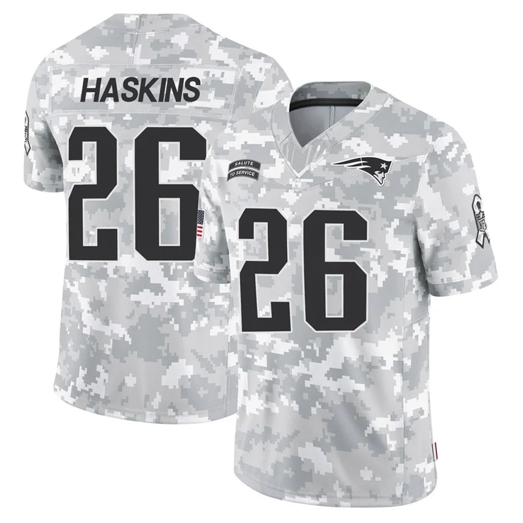 NE.Patriots #26 Hassan Haskins Player Arctic Camo Salute To Service Limited Game Ddoa Stitched Jerseys