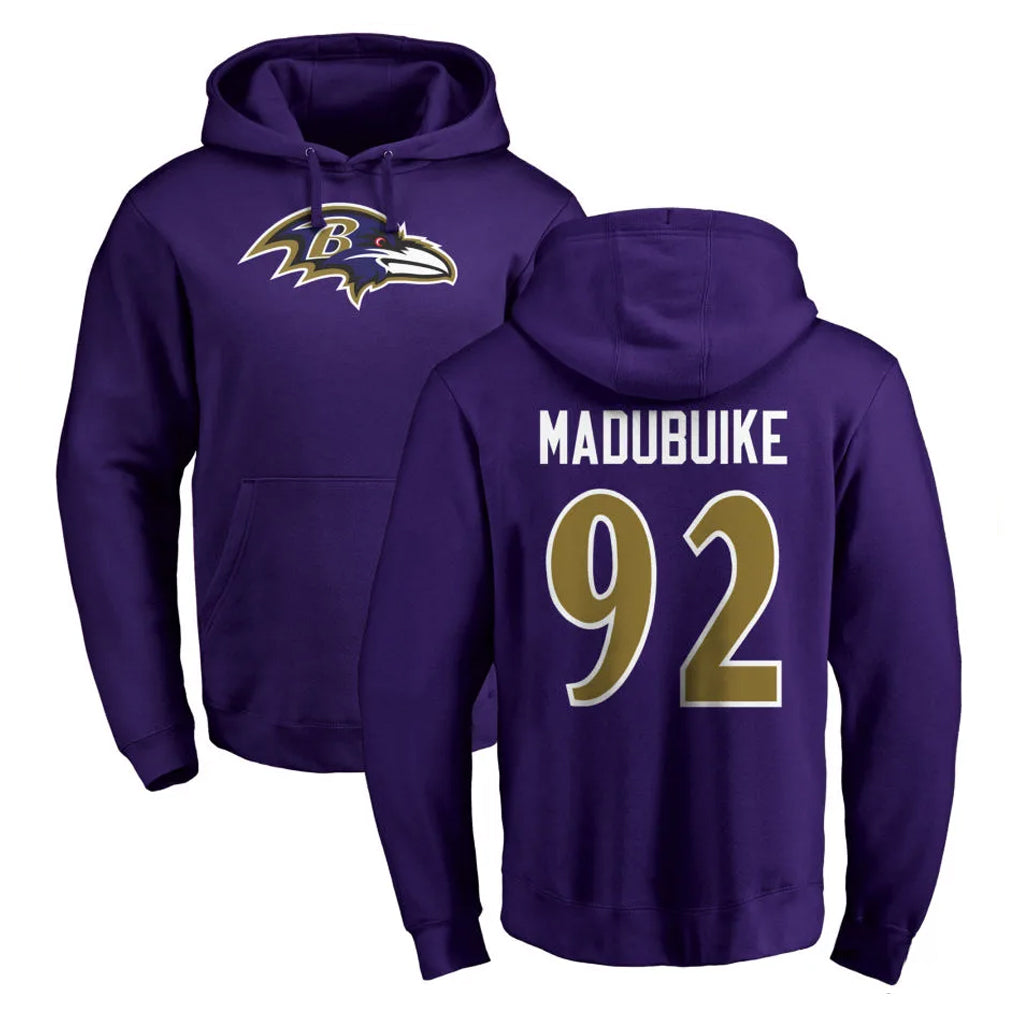 B.Ravens #92 Nnamdi Madubuike Player Purple Salute to Service Pullover Hoodie Ddoa Stitched Jerseys
