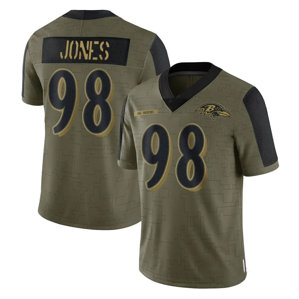 B.Ravens #98 Travis Jones Player Olive Salute To Service Limited Game Ddoa Stitched Jerseys