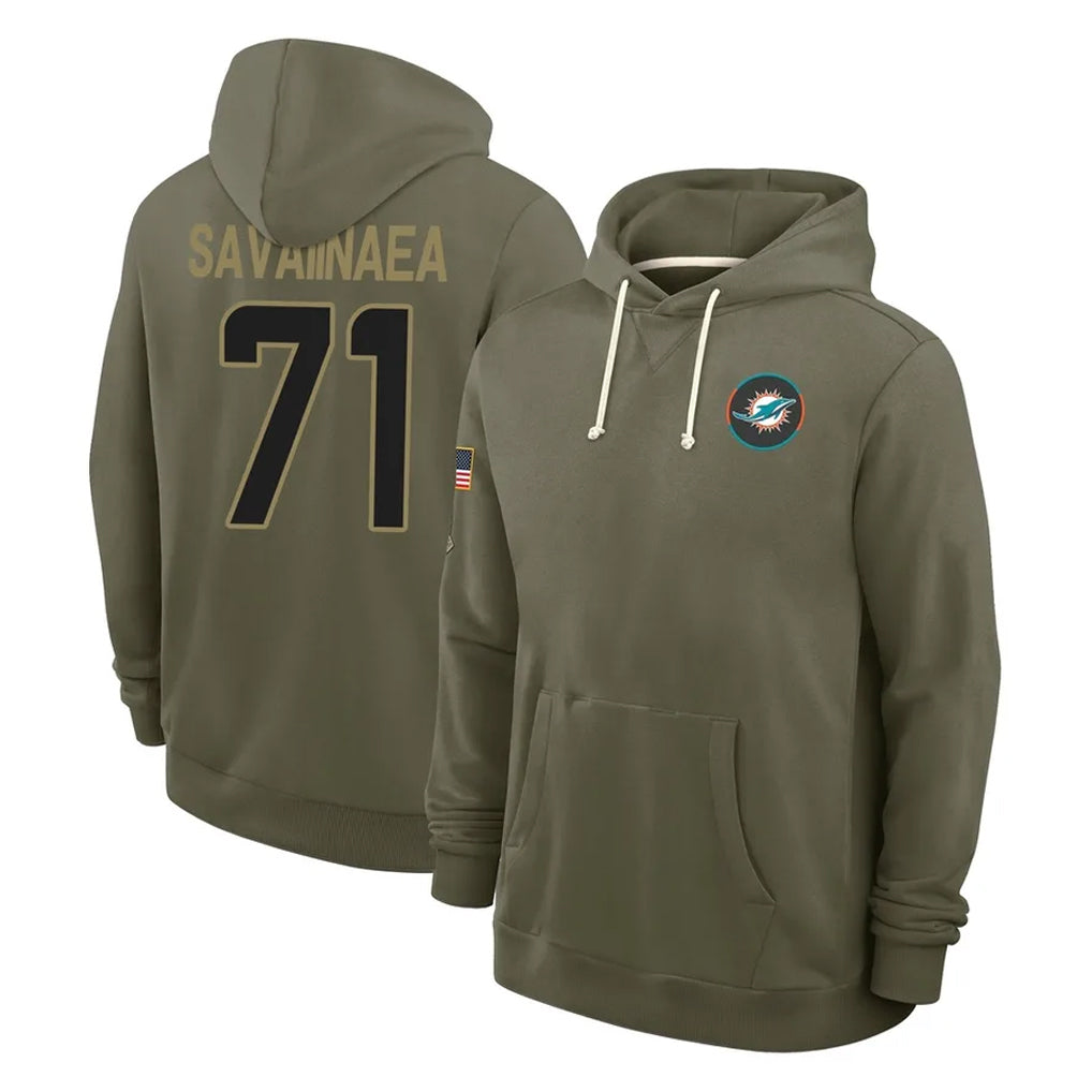 M.Dolphins #71 Jonah Savaiinaea Player Olive Salute to Service Pullover Hoodies Limited Ddoa Stitched Jerseys