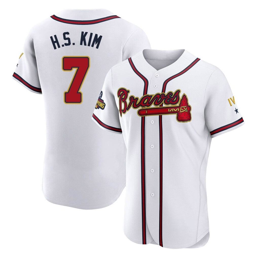 A.Braves #7 Ha-Seong Kim Player White Gold Limited Elite Home Game Ddoa Stitched Jerseys