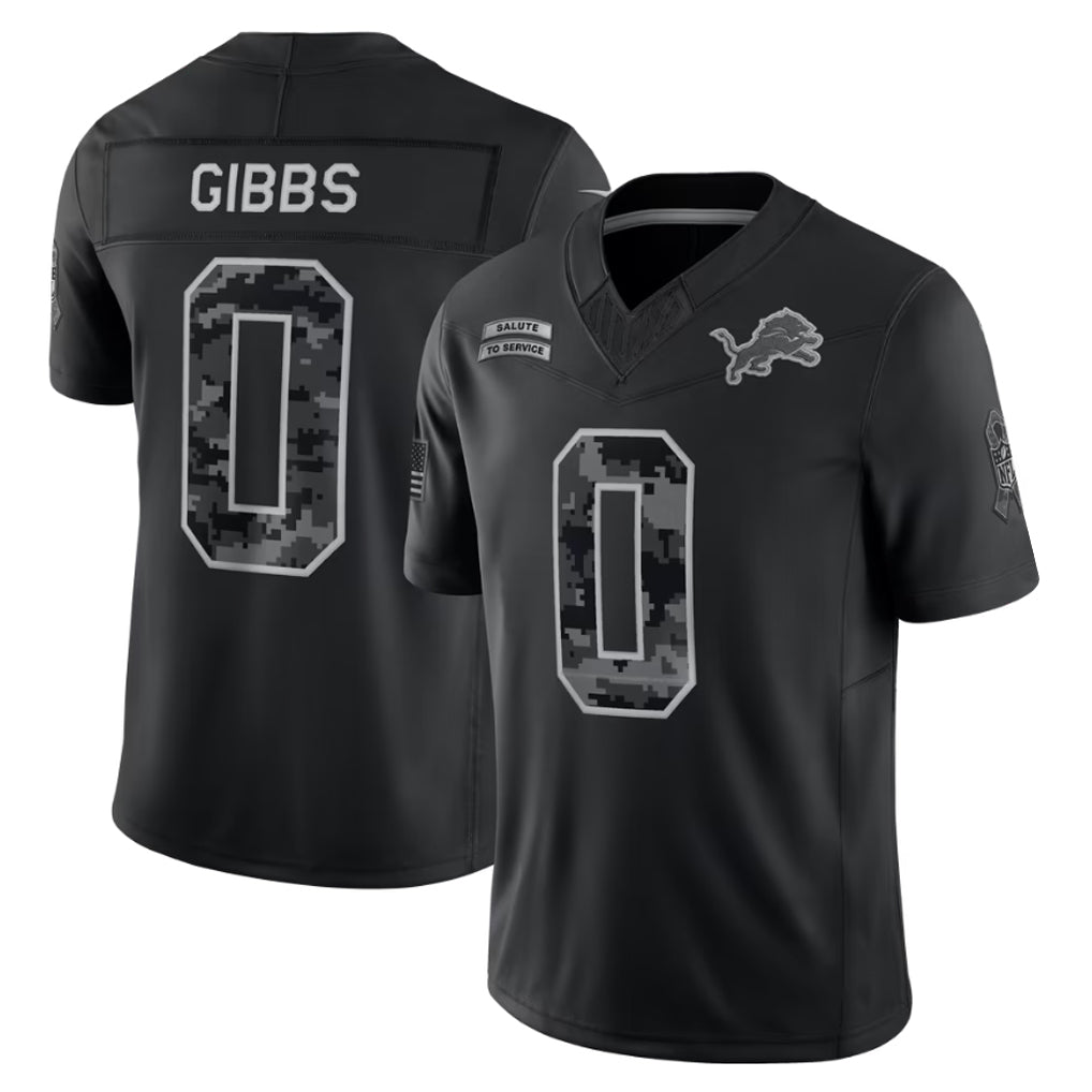 Ddoa D.Lions #0 Jahmyr Gibbs Player Black Limited 2026 Salute to Service Home Game Stitched Jerseys