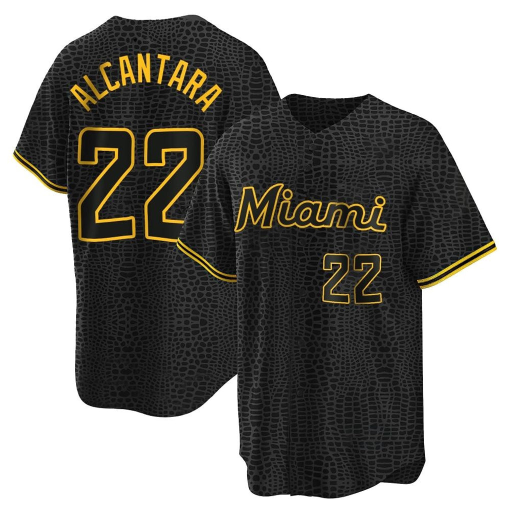 M.Marlins #22 Sandy Alcantara Player Black Snake Skin City Home Game Ddoa Stitched Jerseys