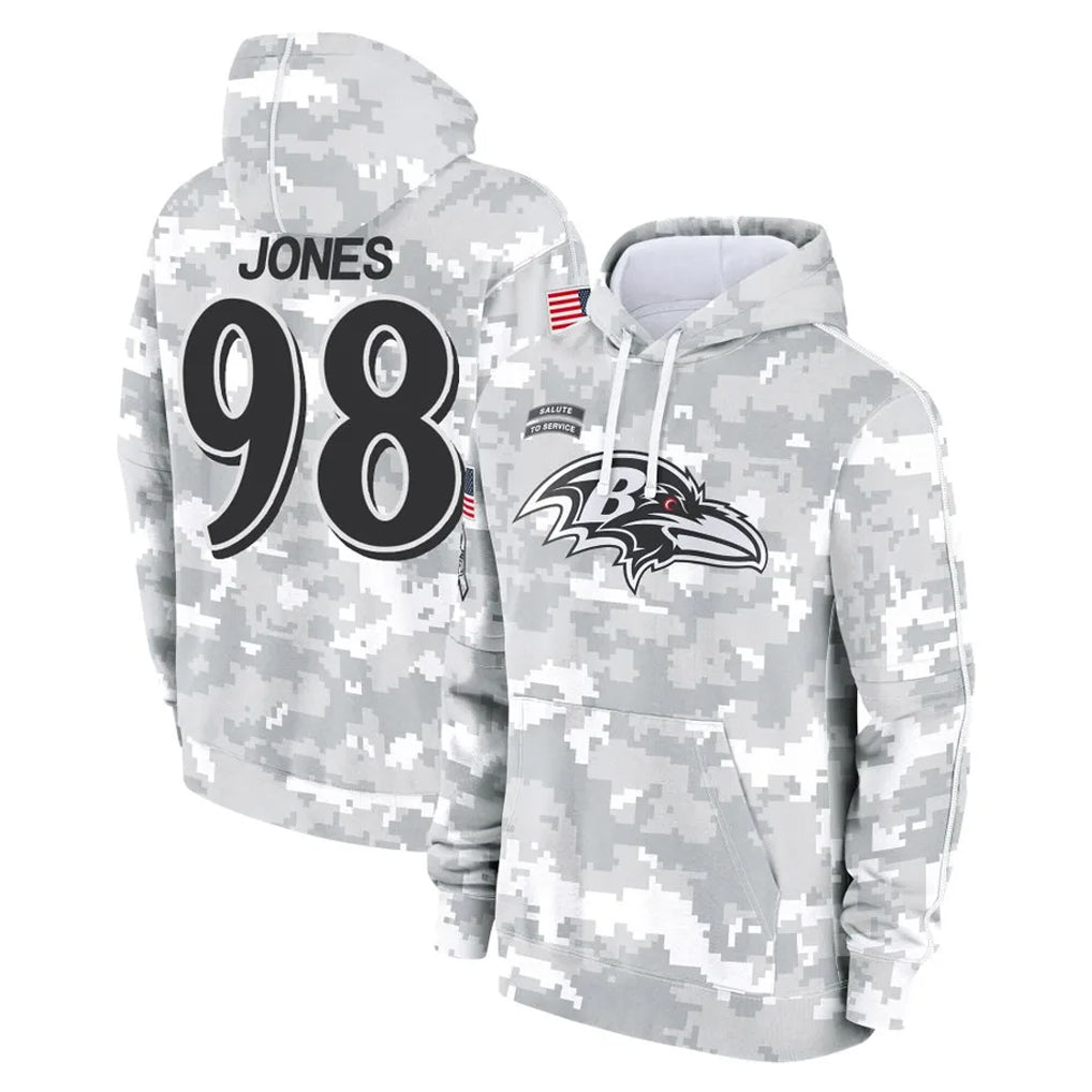B.Ravens #98 Travis Jones Player Arctic Camo Salute to Service Pullover Hoodie Ddoa Stitched Jerseys
