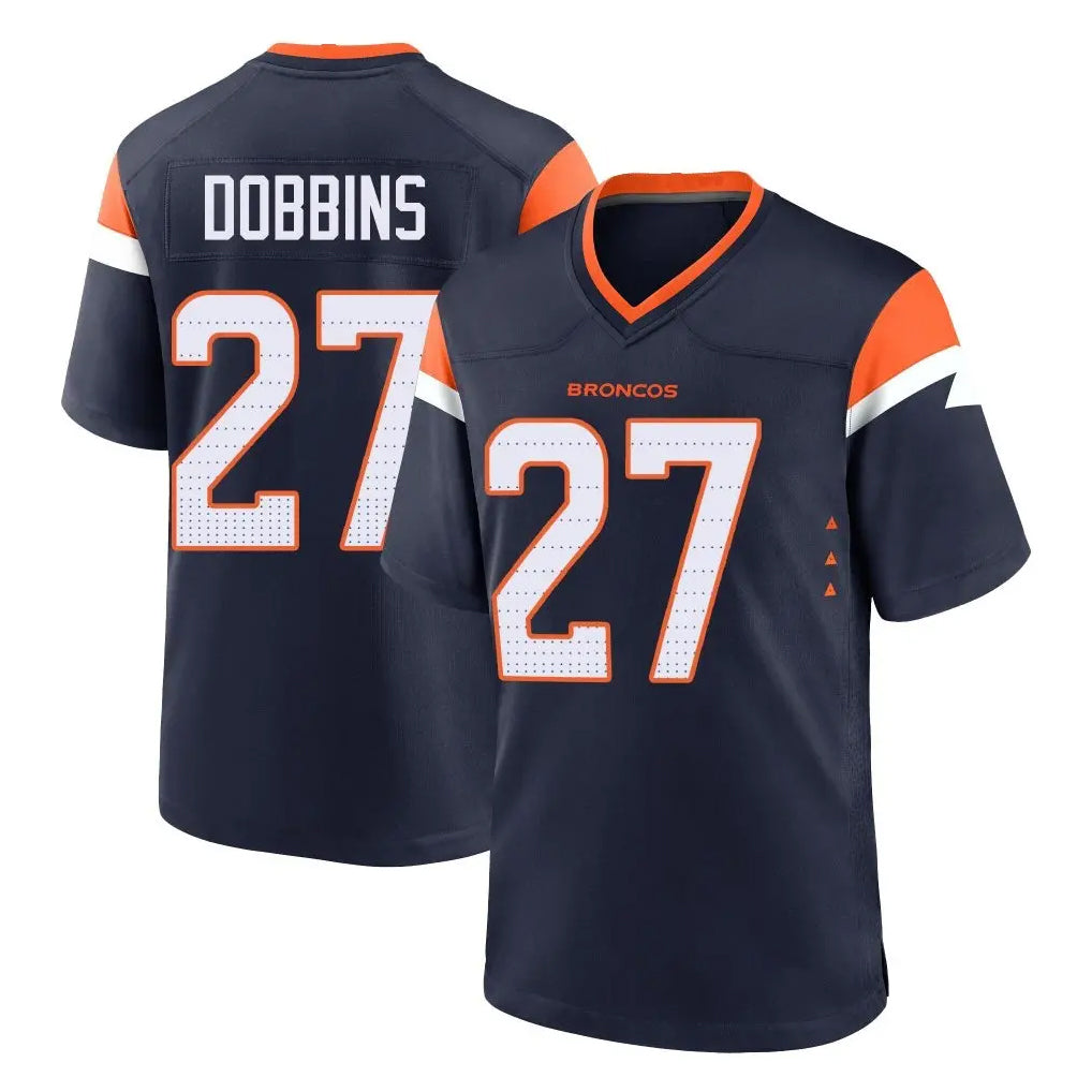 D.Broncos #27 J.K. Dobbins Player Navy Home Game Ddoa Stitched Jerseys