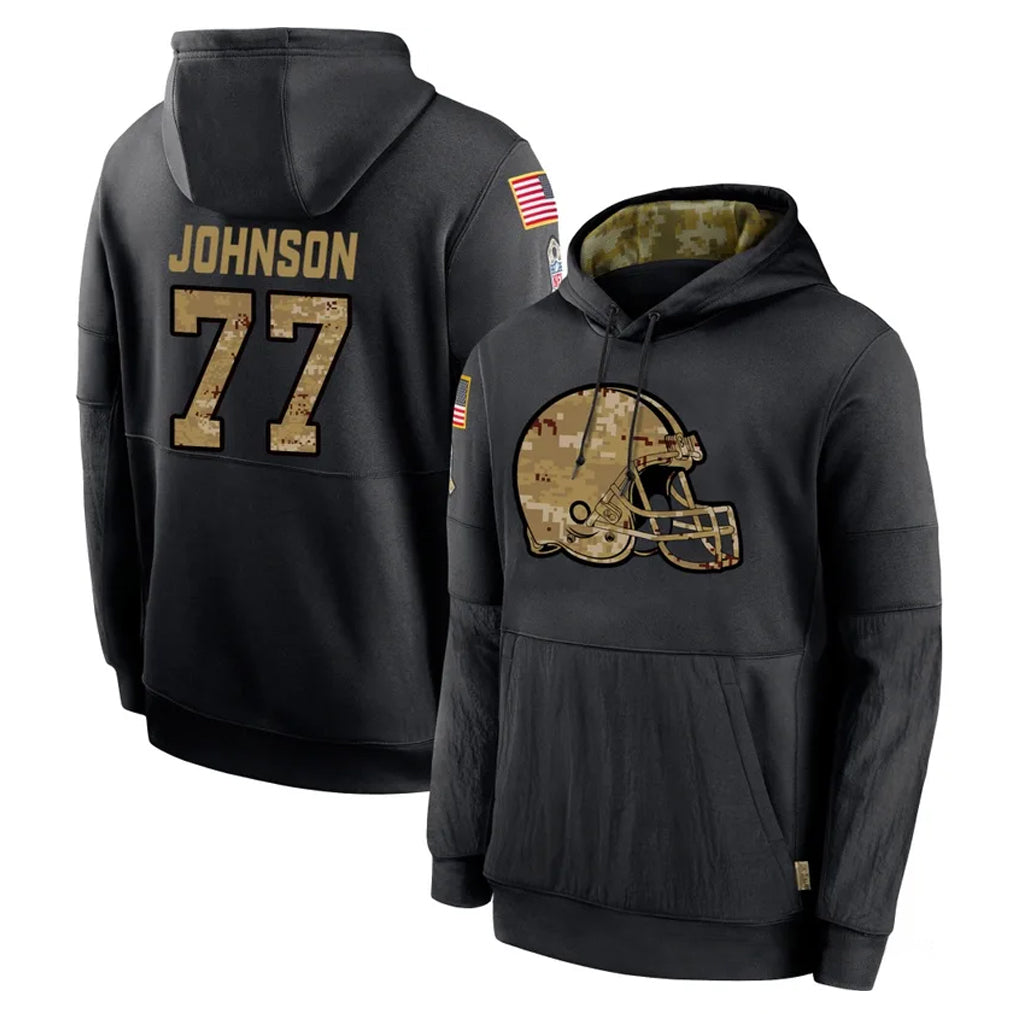 C.Browns #77 Zion Johnson Player Black Salute to Service Pullover Hoodies Limited Ddoa Stitched Jerseys