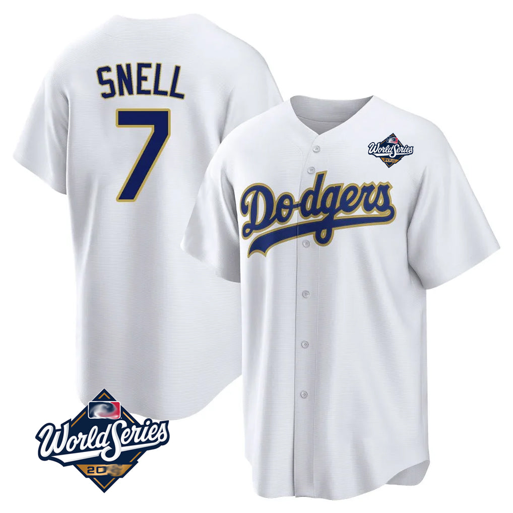 LA.Dodgers #7 Blake Snell Player Gold White World Series Home Game Ddoa Stitched Jerseys