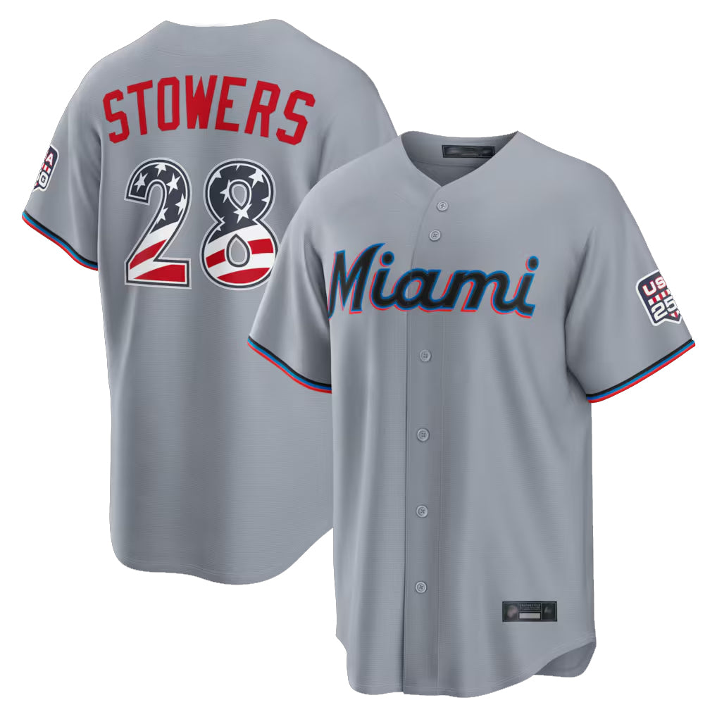 M.Marlins #28 Kyle Stowers Player Gray USA 250 Fourth of July Limited Home Game Ddoa250Ys Stitched Jerseys