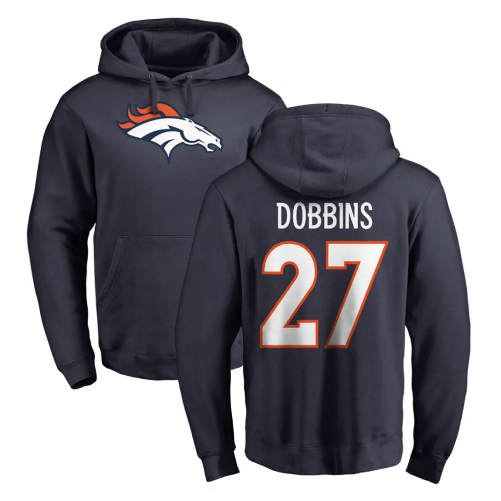 D.Broncos #27 J.K. Dobbins Player Navy Pullover Hoodie Limited Ddoa Stitched Jerseys