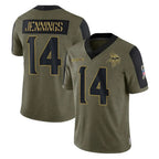 M.Vikings #14 Jauan Jennings Player Olive Salute To Service Limited Game Ddoa Stitched Jerseys
