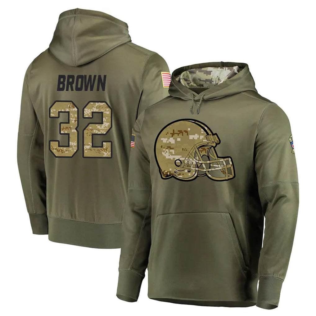 C.Browns #32 Jim Brown Player Olive Salute to Service Pullover Hoodies Home Game Ddoa Stitched Jerseys