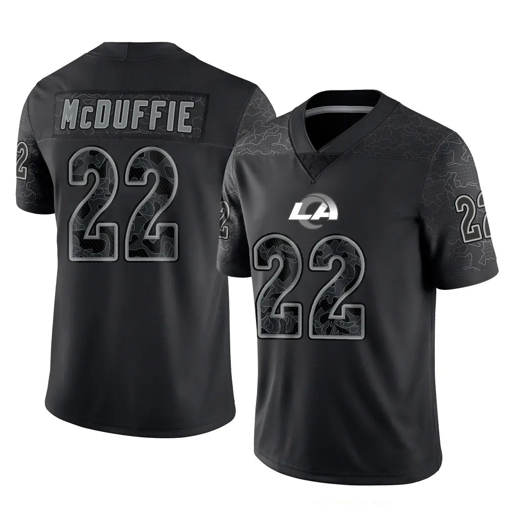 LA.Rams #22 Trent McDuffie Player Black Limited Reflective Home Game Ddoa Stitched Jerseys