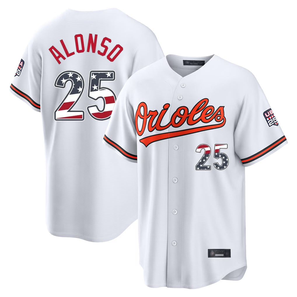 B.Orioles #25 Pete Alonso Player White USA 250 Fourth of July Home Game Ddoa Stitched Jerseys