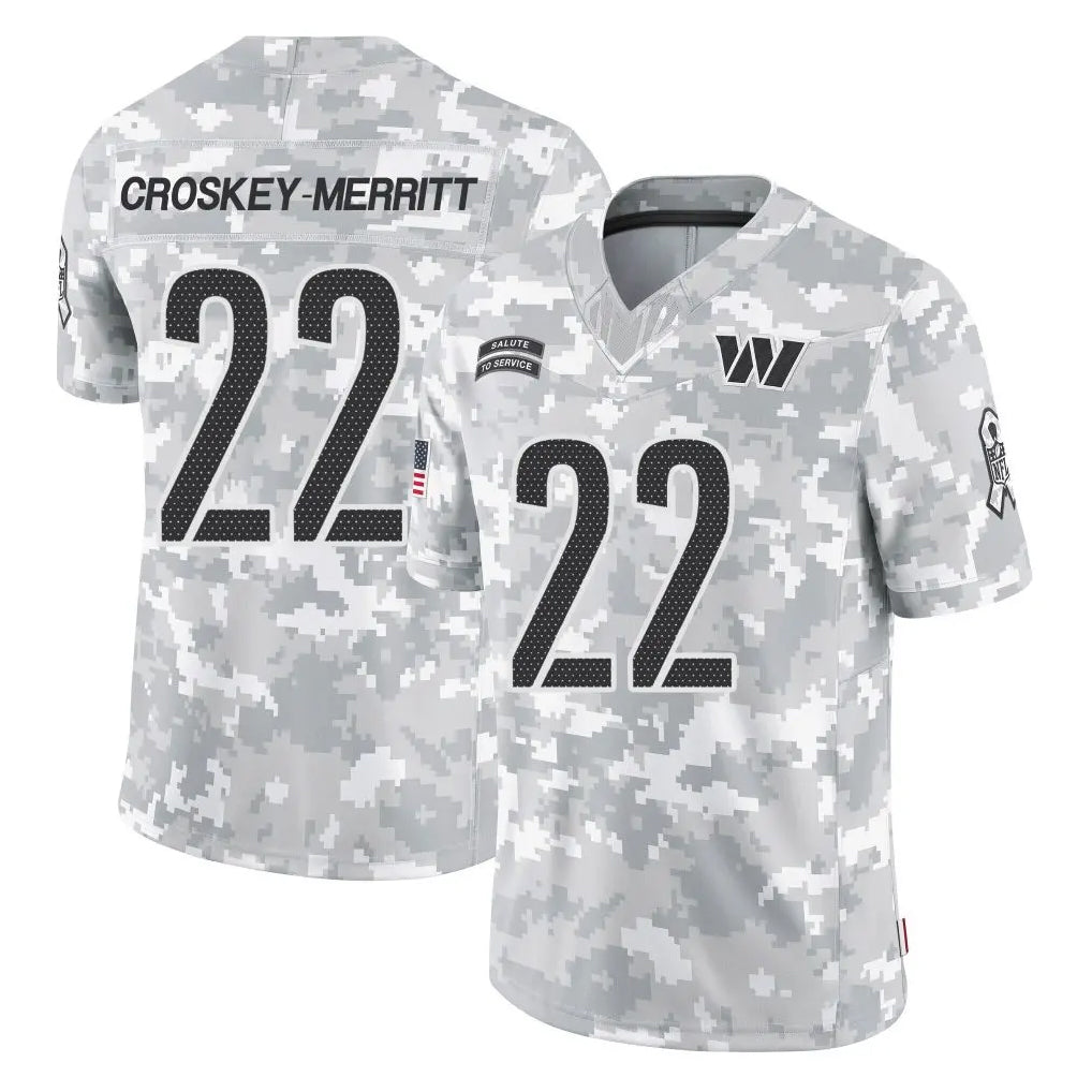 W.Commanders #22 Jacory Croskey-Merritt Player Arctic Camo Limited Salute To Service Home Game Ddoa Stitched Jerseys