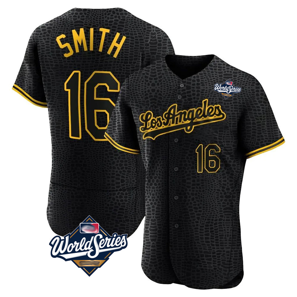 LA.Dodgers #16 Will Smith Player Black World Series Snake Skin City Limited Elite Home Ddoa Stitched Jerseys