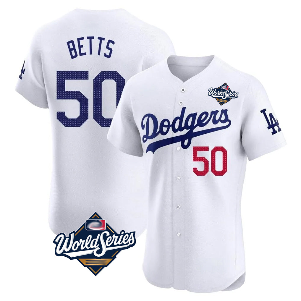 LA.Dodgers #50 Mookie Betts Player White World Series Limited Elite Home Ddoa Stitched Jerseys