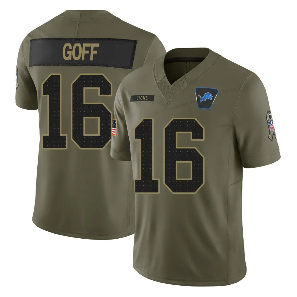 D.Lions #16 Jared Goff Player Olive 2025 Salute To Service Limited Home Game Ddoa Stitched Jerseys