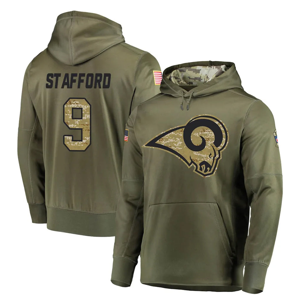 LA.Rams #9 Matthew Stafford Player Olive Salute to Service Pullover Hoodies Home Game Ddoa Stitched Jerseys