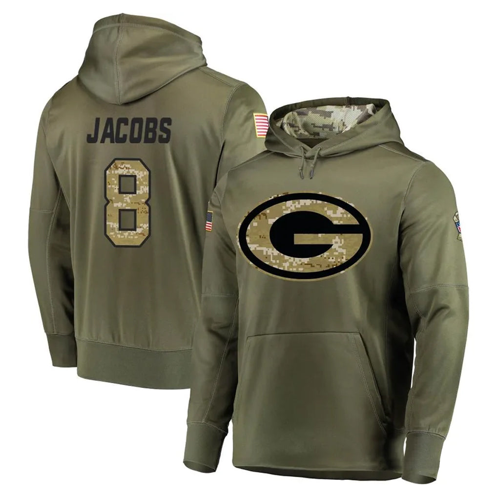 GB.Packers #8 Josh Jacobs Player Olive Salute to Service Pullover Hoodies Home Game Ddoa Stitched Jerseys