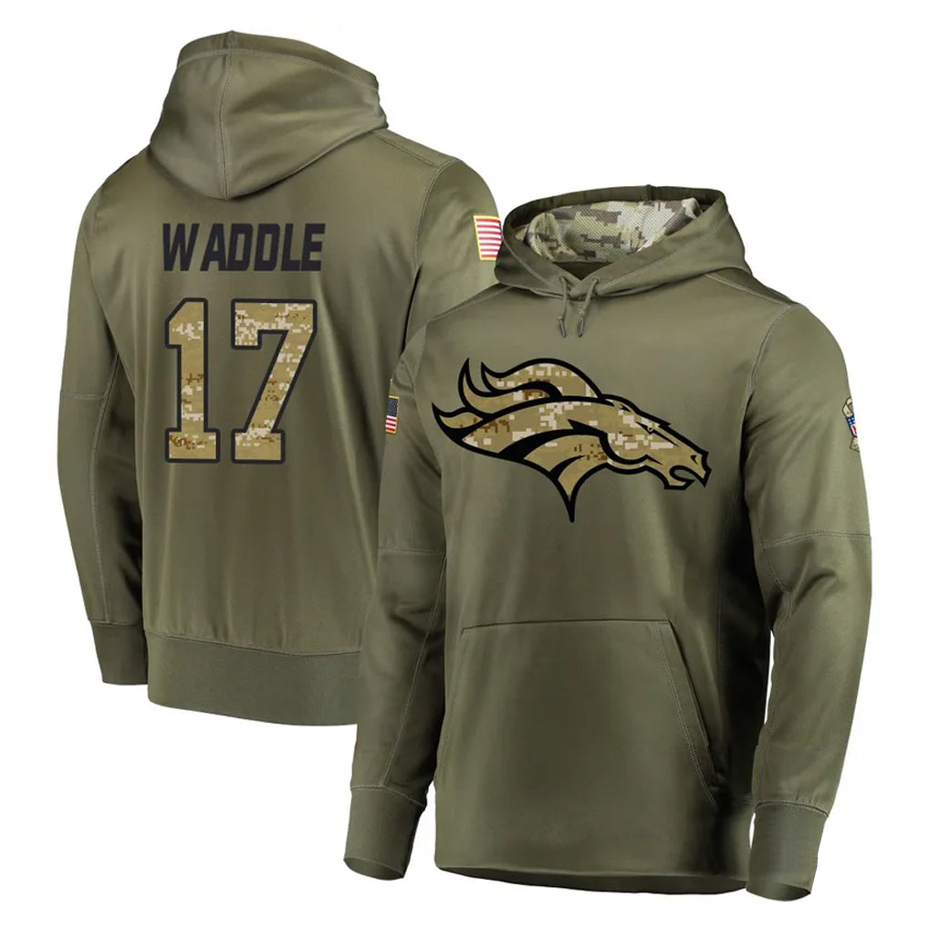 D.Broncos #17 Jaylen Waddle Player Olive Salute to Service Pullover Hoodies Home Game Ddoa Stitched Jerseys