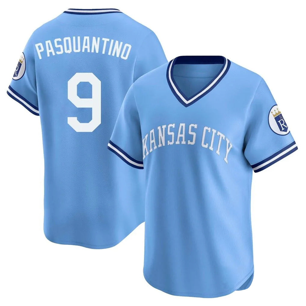 KC.Royals #9 Vinnie Pasquantino Player Light Blue Limited Throwback Cooperstown Collection T-shirt Ddoa Stitched Jerseys