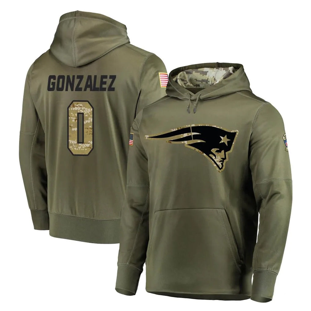 NE.Patriots #0 Christian Gonzalez Player Olive Salute to Service Pullover Hoodies Home Game Ddoa Stitched Jerseys