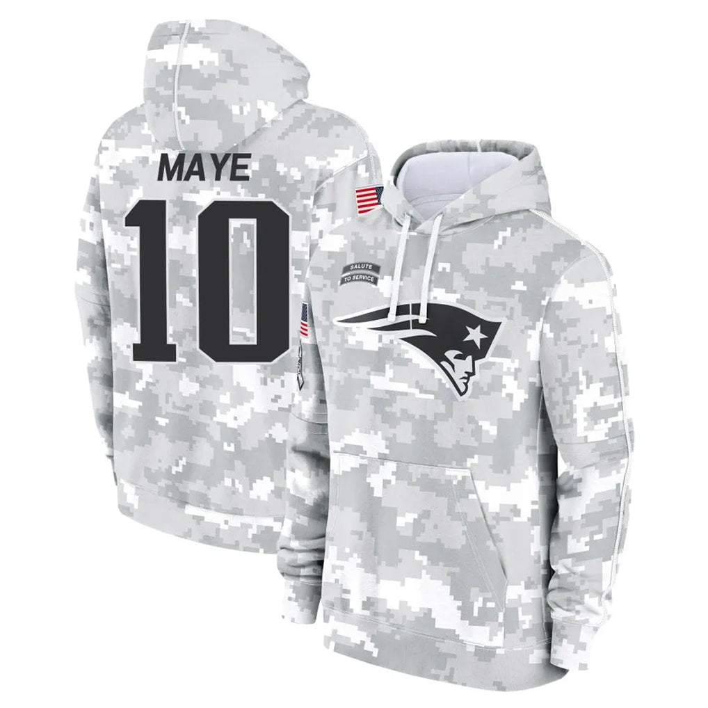 NE.Patriots #10 Drake Maye Player Arctic Camo Salute to Service Pullover Hoodies Limited Game Ddoa Stitched Jerseys