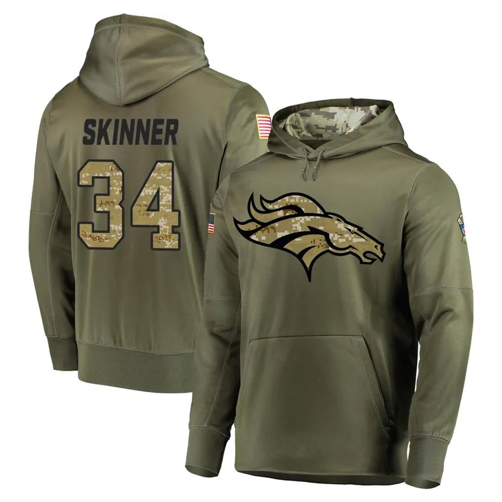D.Broncos #34 JL Skinner Player Olive Salute to Service Pullover Hoodies Home Game Ddoa Stitched Jerseys