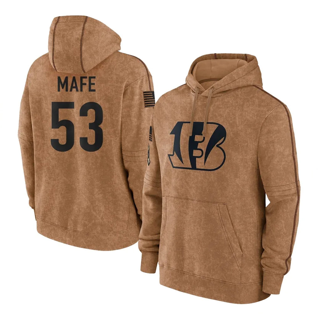 C.Bengals #53 Boye Mafe Player Brown Salute to Service Pullover Hoodie Limited Ddoa Stitched Jerseys
