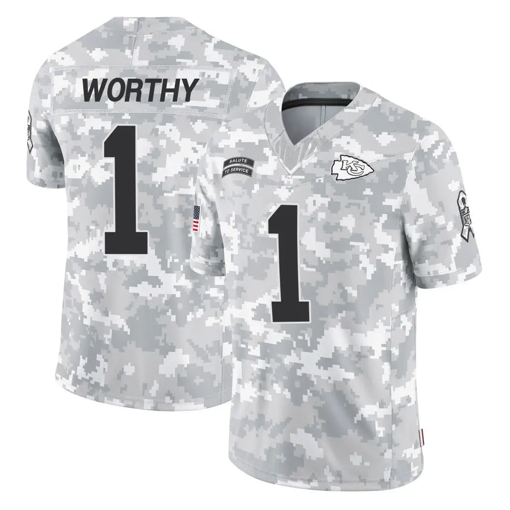 KC.Chiefs #1 Xavier Worthy Player Arctic Camo Salute To Service Limited Game Ddoa Stitched Jerseys