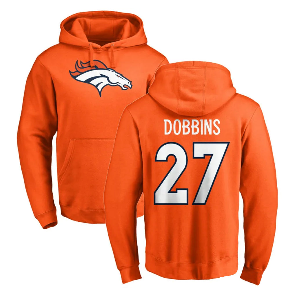 D.Broncos #27 J.K. Dobbins Player Orange Pullover Hoodie Limited Ddoa Stitched Jerseys