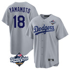 LA.Dodgers #18 Yoshinobu Yamamoto Player Gray World Series Game Ddoa Stitched Jerseys