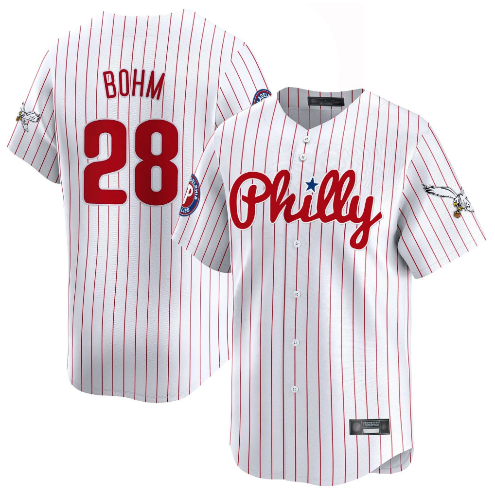 P.Phillies #28 Alec Bohm Player White Pinstripe Phillies & Eagles Vapor Premier Limited Ddoa Stitched Jerseys
