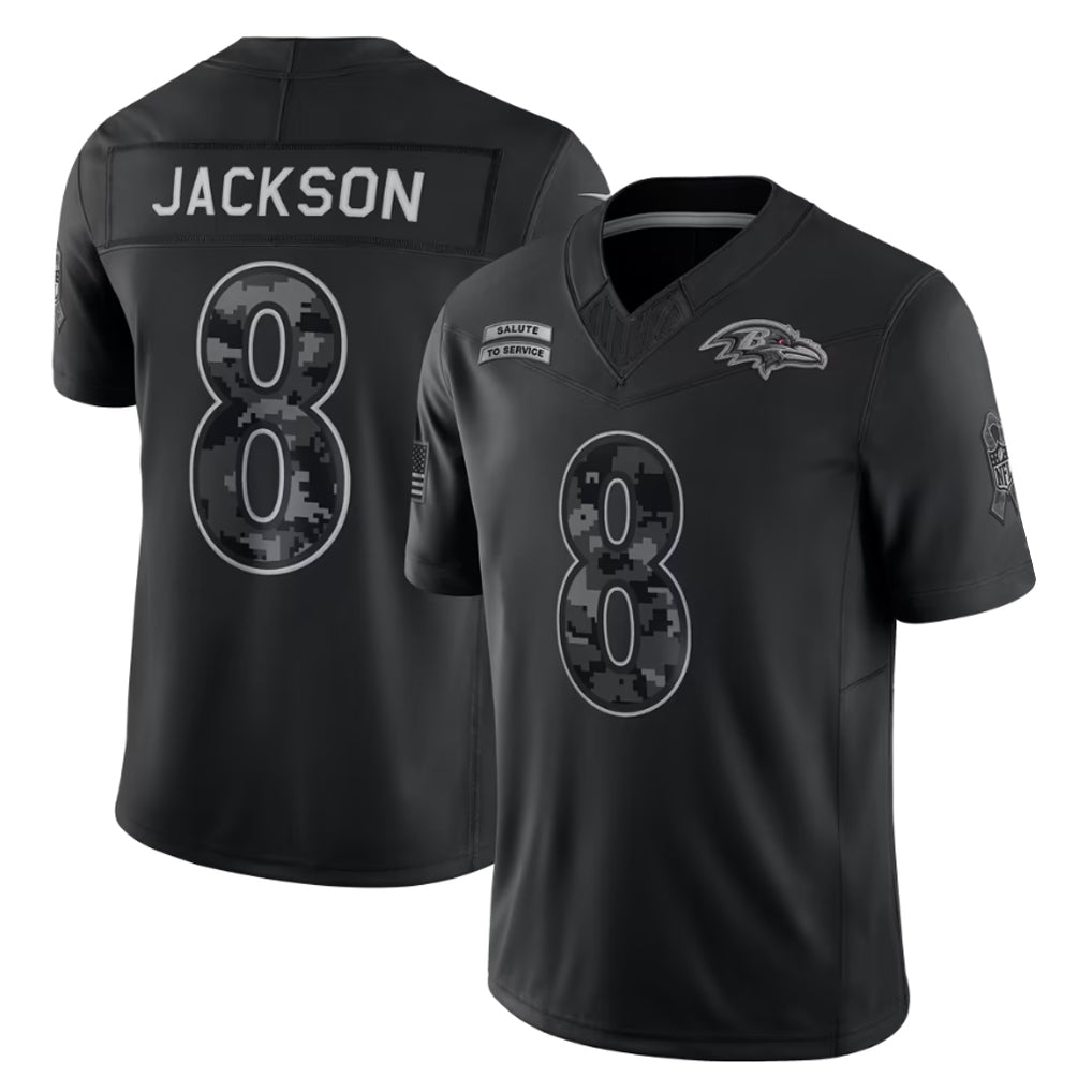 Ddoa B.Ravens #8 Lamar Jackson Player Black Limited 2026 Salute to Service Home Game Stitched Jerseys