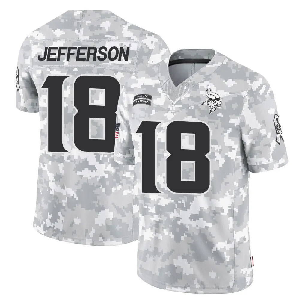M.Vikings #18 Justin Jefferson Player Arctic Camo Salute To Service Limited Game Ddoa Stitched Jerseys