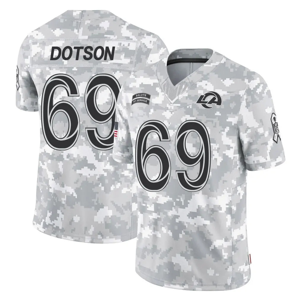 LA.Rams #69 Kevin Dotson Player Arctic Camo Salute To Service Limited Game Ddoa Stitched Jerseys