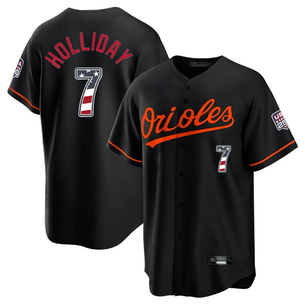B.Orioles #7 Jackson Holliday Player Black USA 250 Fourth of July Home Game Ddoa Stitched Jerseys